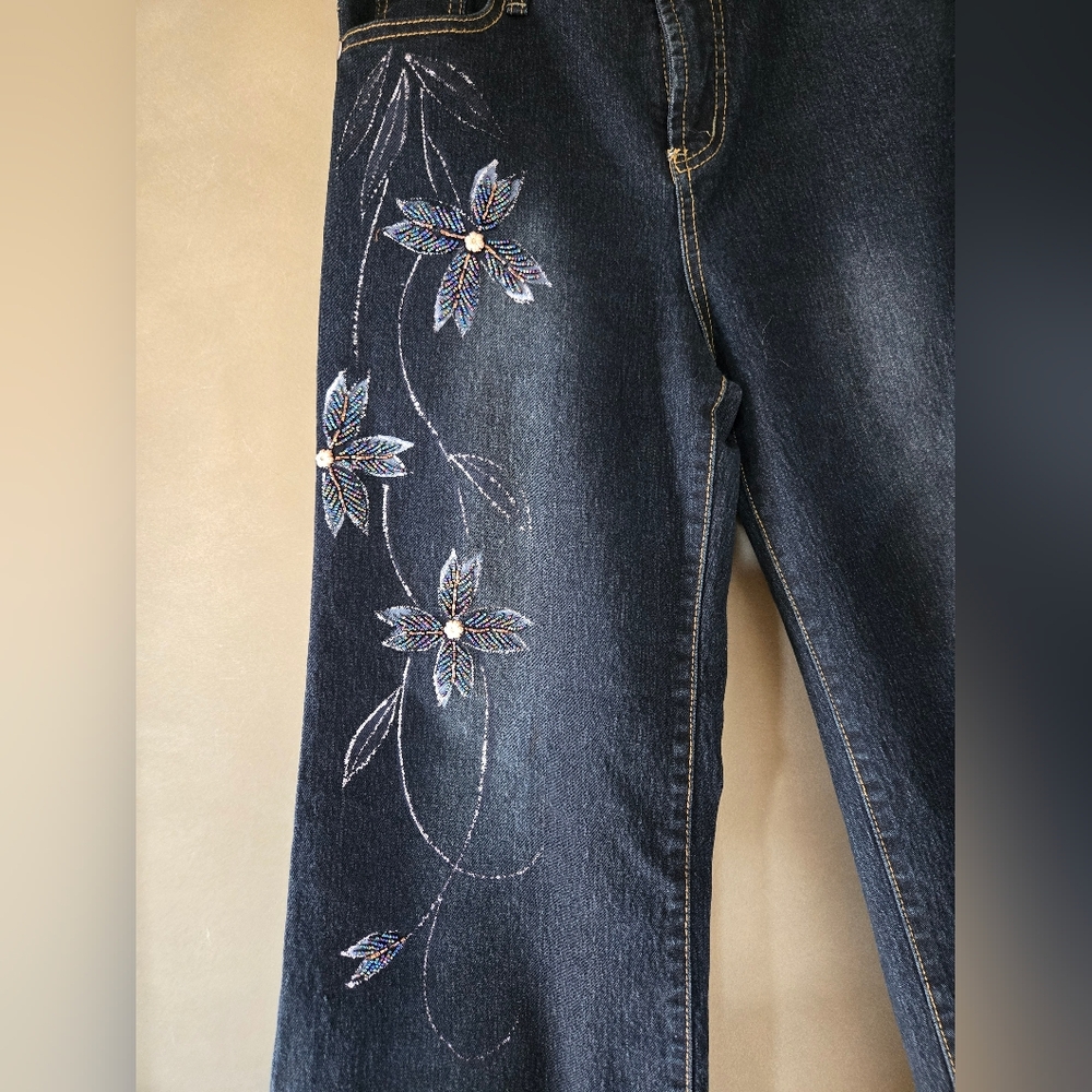 Louida Fashion | Embroidered Dark Blue Jeans, Waist 15 1/2" - Picture 3 of 9